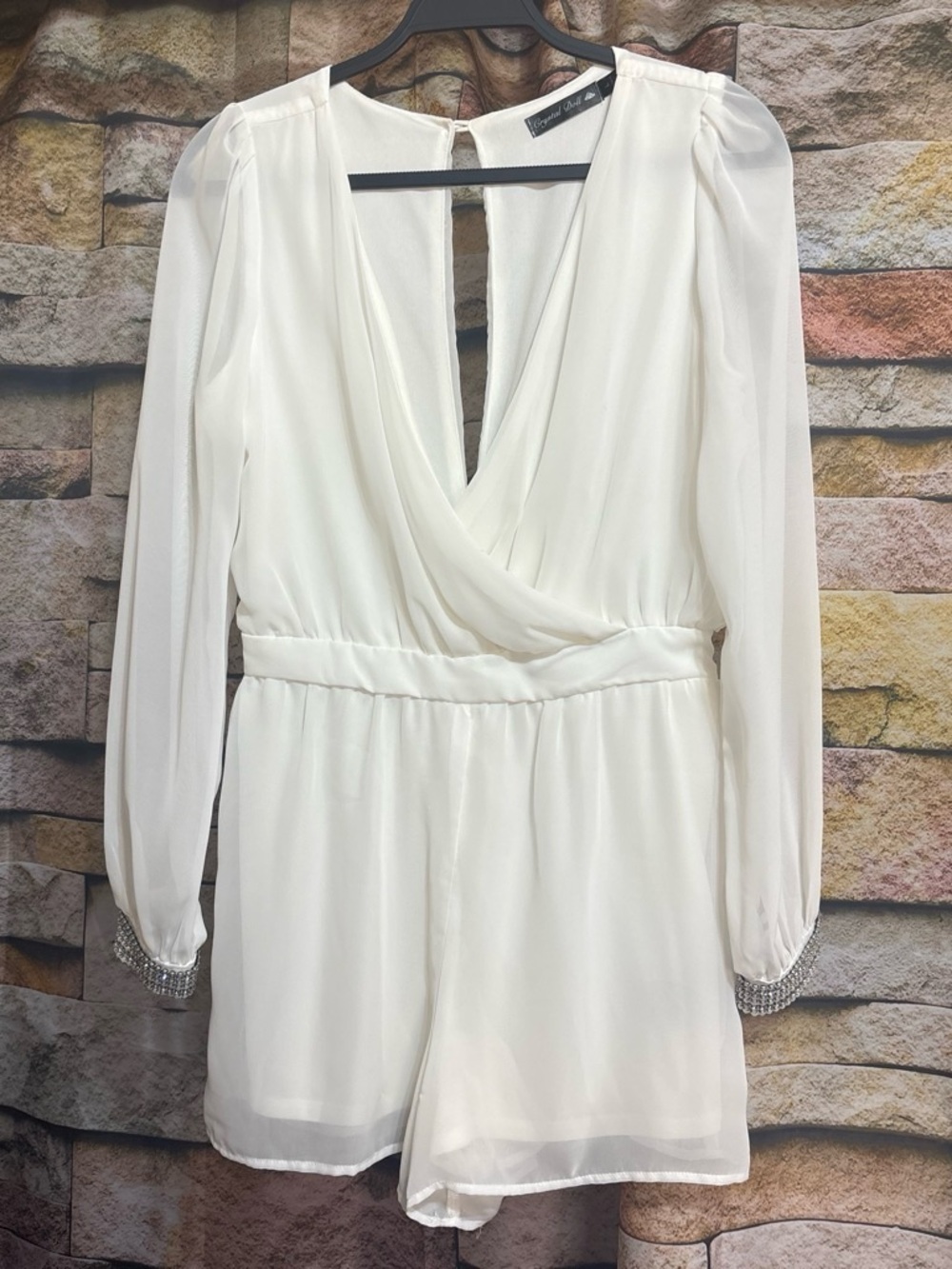 ✨ Crystal Doll White Long Sleeve Romper rhinestone and pearl cuffs - Size L ✨